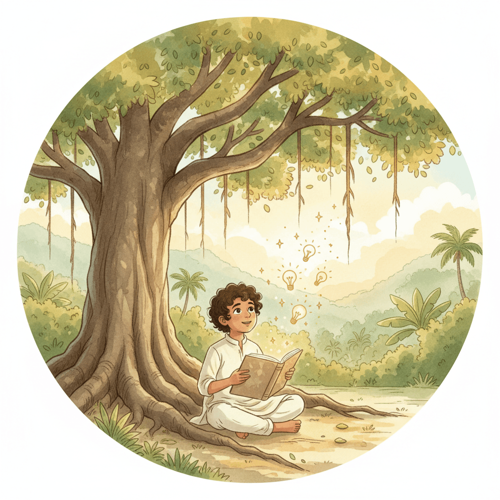 Student discovering knowledge under a banyan tree